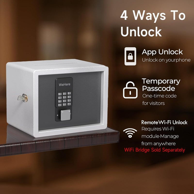 WeHere Safe Box with Smart Keypad Lock, Small Cash Drop Box, App/One-Time Password/Fixed Code/Spare Key Unlock, Safe Cabinet for Home, Office, Hotel Storage Gun, Money, Jewelry, 0.45 Cubic feet - Image 2